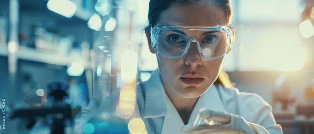 Poster portrait of a beautiful woman using a micro pipette for testing. advanced scientific lab for medicin