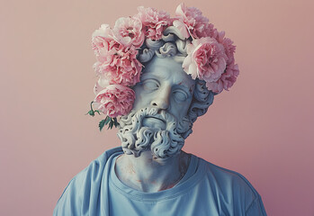 Surreal Statue Portrait with Blooming Pink Peonies Adornment