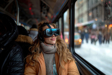 Young woman experiencing virtual reality on city bus. Generative AI image