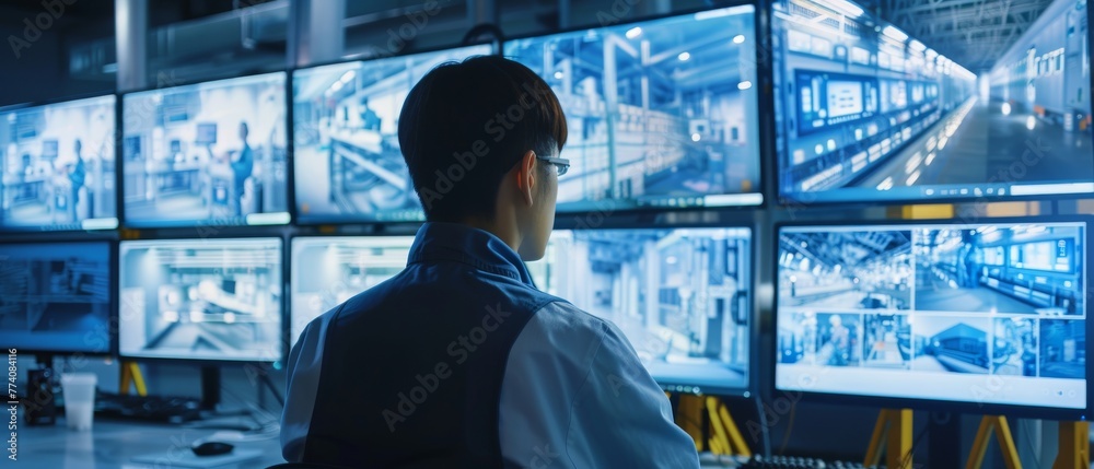 Poster Security Operator Controls the Flow of Workshop Production Line, Monitors Surveillance Camera Feeds on a Computer. High Tech Security.