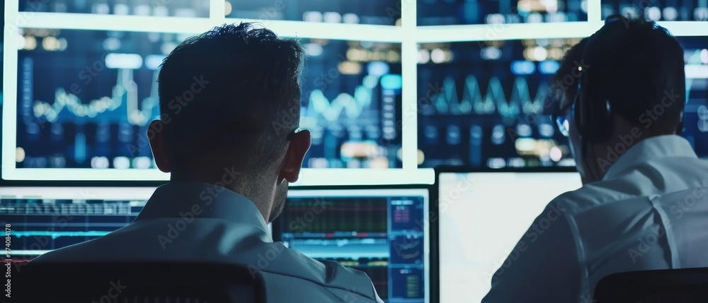 Poster Modern monitoring office with two digital screens with financial analytics. Finance specialists sit at computers in the control room.