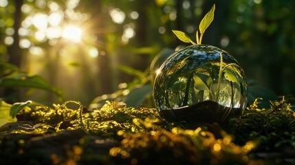 Eco-Friendly Glass Globe in Sunlit Forest Setting - 774084105