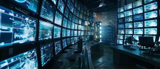 Multipoke Computer Screens Showing Surveillance Camera Footage Feed in an Industry 4.0 Modern Factory.