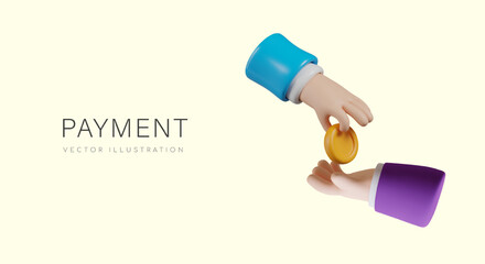 Hand passes gold coin to another. Payment concept. Color banner in realistic style