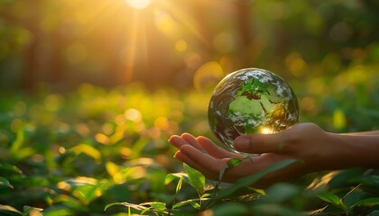 "Human Hands Holding Glass Earth in Green Forest with Sunlight - Environment, Save the World, Earth Day, Ecology, and Conservation Concept - HD Web Color"