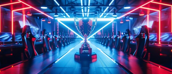 Computer Video Games Championship Arena with eSports Winner Trophy and Neon Lights. Two rows of PCs...