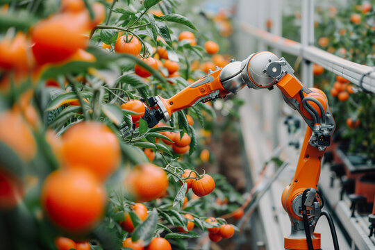 Advanced robotic arm picking tomatoes in high-tech greenhouse. Generative AI