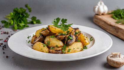 Plate with fried potatoes and mushrooms. Green parsley. Tasty food. Delicious restaurant dish. Dark table.