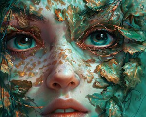 Close-up of a woman's face artistically blended with vibrant green leaves, depicting a nature-inspired look with a fantasy element.