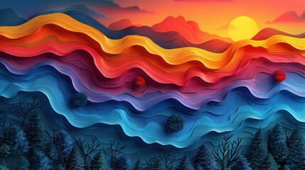 Mountain With Sunset Painting - obrazy, fototapety, plakaty