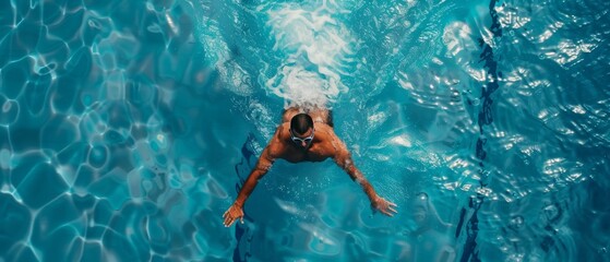 Using Front Crawl, Freestyle Technique, a male swimmer flies at top speed in a swimming pool. Aerial top view shot of a male swimmer flies at top speed in a swimming pool. - obrazy, fototapety, plakaty
