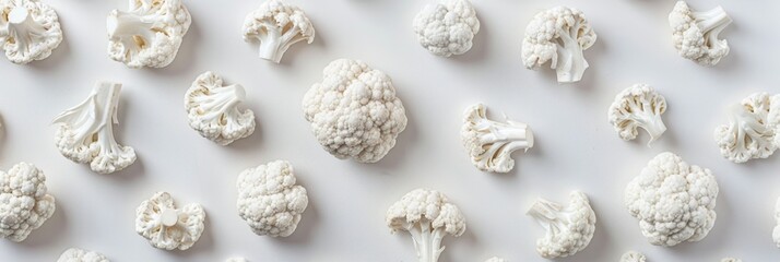 Cauliflower carefully arranged against a spotless white background