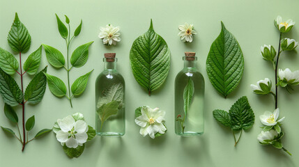 Group of Bottles Filled With Green Leaves and Flowers