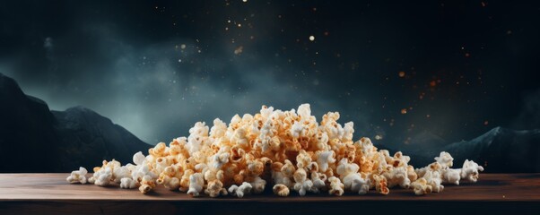 Side view of salty popcorn in a bowl , banner junk food concept. Generative Ai - obrazy, fototapety, plakaty