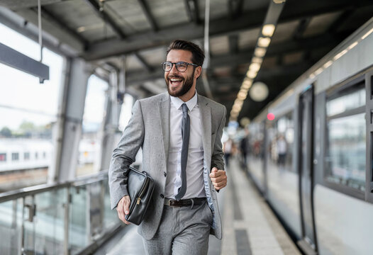 Generative AI illustration of man dressed in a suit and tie is walking down a train platform, likely on a business trip or heading to a hotel