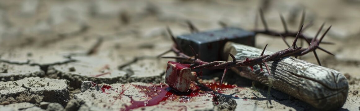 Hammer, bloody nails and crown of thorns placed on arid, cracked ground