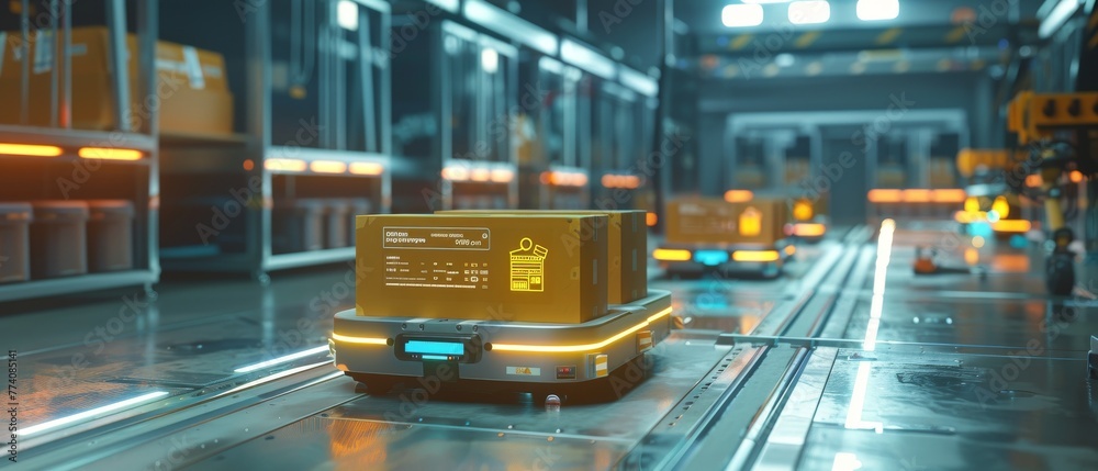Poster future technology 3d concept: automated retail warehouse agv robots delivering cardboard boxes in di