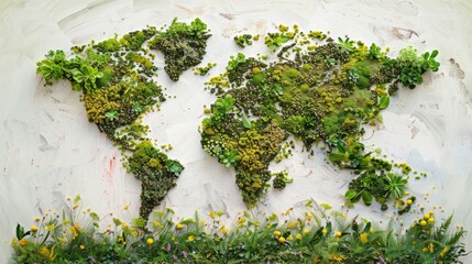 Earth map shape created using different types of herbs. Earth Day concept