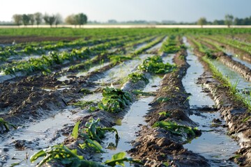 Flooded farm field with rows of damaged crops