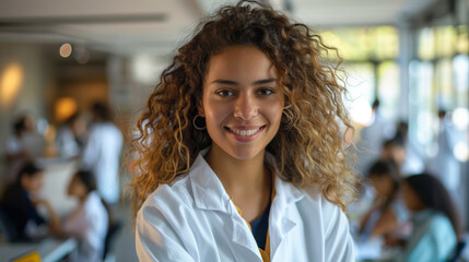 Radiant Young Female Medical Student Smiling with Colleagues in Background