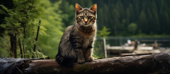 Cat sitting quietly on a wooden log surrounded by lush green trees in the forest