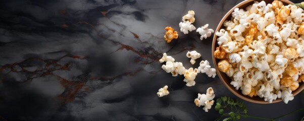 Top view of salty popcorn in a bowl on dark  stone table, banner junk food concept. Generative Ai