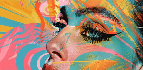 collage style illustration close up portrait of a beautiful model girl with pale eyes posing on camera, full of colors background and colorful make up