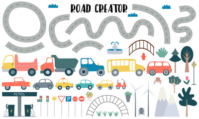 Naklejka premium Road creator kids collection. Set of cute vehicles and road signs. Hand drawn transport set for kids design