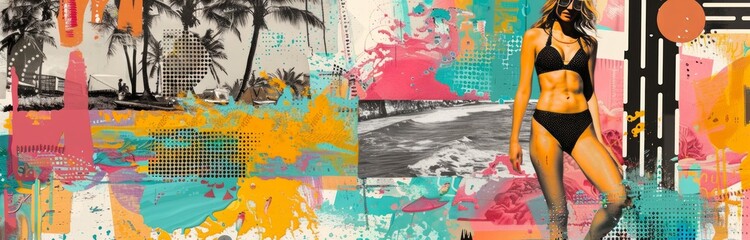 pop art collage of a female full body with trendy bikini in abstract nostalgic seascape, urban scene, summer mood