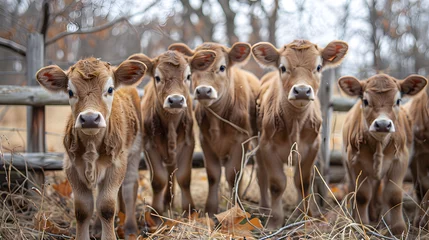 Fotobehang A group of curious calves, with a wooden fence in the background, during a playful romp in the pasture © CanvasPixelDreams