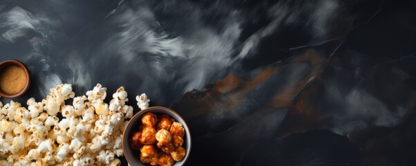 Top view of salty popcorn in a bowl on dark  stone table, banner junk food concept. Generative Ai - obrazy, fototapety, plakaty