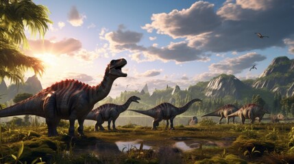 A group of dinosaurs are standing in a lush green field - obrazy, fototapety, plakaty