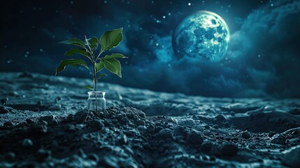 Life on Lunar Terrain: Plant Growing in Glass Jar - 774085541