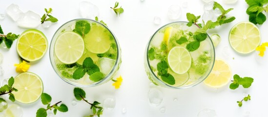 A refreshing drink made with lemon juice, water, and sugar, garnished with lime slices and fresh mint leaves, served in two clear glasses on a clean white tabletop
