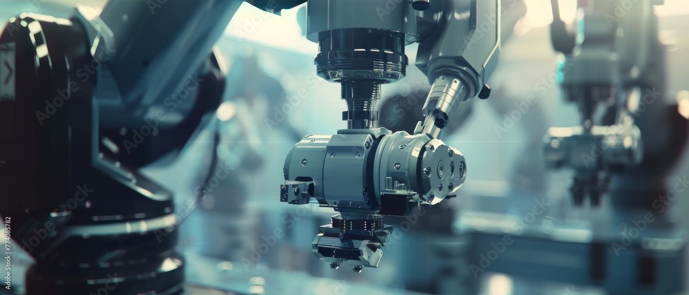 Poster Robot Arm Moves at Different Directions in Industrial Robot Technology. Mass Production Automatics. Close Up. Robot Arm Moving in Different Directions in Industrial Robot Technology.
