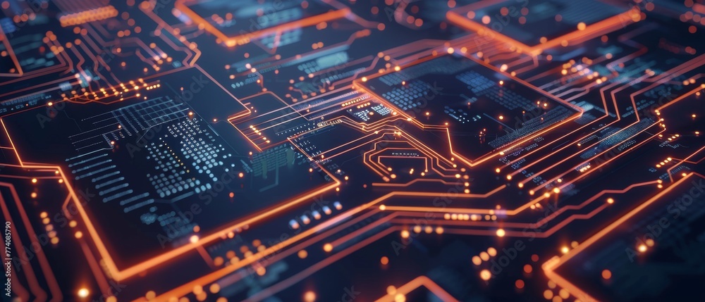 Poster The Digital Lines Move Data Concept Visualization of AI and Cloud Computing. Circuit Board CPU Processor Microchips Begin Artificial Intelligence.
