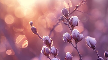 beautiful spring background, swelling and blooming of fluffy buds, sun glare, copy space, banner - obrazy, fototapety, plakaty