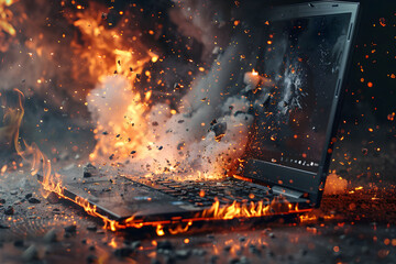 a dell laptop shattering into a thousand pieces and lighting on fire - obrazy, fototapety, plakaty