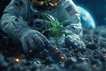 Close-Up of Astronaut Cultivating Plant on Moon - 774085788