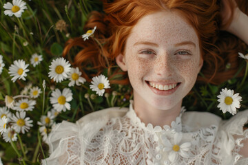 Radiant Redhead Girl Relaxing in Daisy Meadow with Joyful Expression