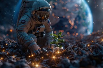 Astronaut Tending to a Plant on Moon with Earthrise - 774085954