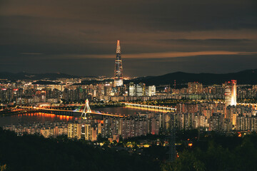 Stunning Night View of urban Seoul City from the Mountain Top