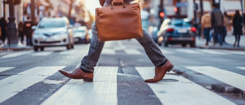 A man is crossing a street with a brown briefcase by AI generated image