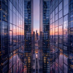 High-rise buildings, cityscape, modern architecture, sunset sky, urban skyline, glass curtain walls, skyscrapers, reflection in windows, office lights on inside, business district. High-resolution pho - obrazy, fototapety, plakaty