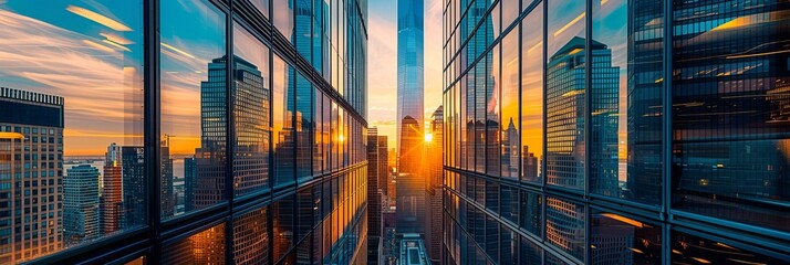 High-rise buildings, cityscape, modern architecture, sunset sky, urban skyline, glass curtain walls, skyscrapers, reflection in windows, office lights on inside, business district. High-resolution pho