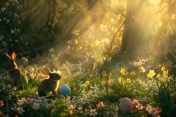 Obraz na płótnie Canvas A rabbit is nestled among the flowers in a meadow surrounded by lush green grass and beautiful natural landscape in a forest AIG42E