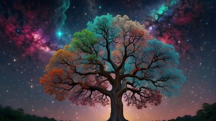 Fototapeta na wymiar enormous trees of life mix with stars and colorful colored galaxies in 3D generative artificial intelligence.