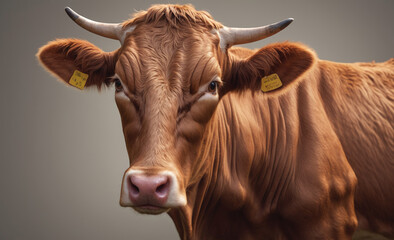 brown cow on single color background, close view, hyper detailed