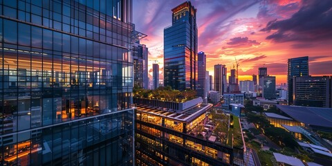 High-rise buildings, cityscape, modern architecture, sunset sky, urban skyline, glass curtain...