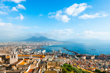 Panoramic view of Naples city and Gulf of Naples, Italy. Vesuvius volcano in the background.